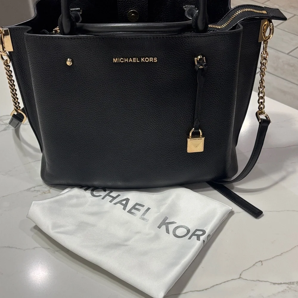 Michael Kors Black Leather Satchel with Gold Hardware